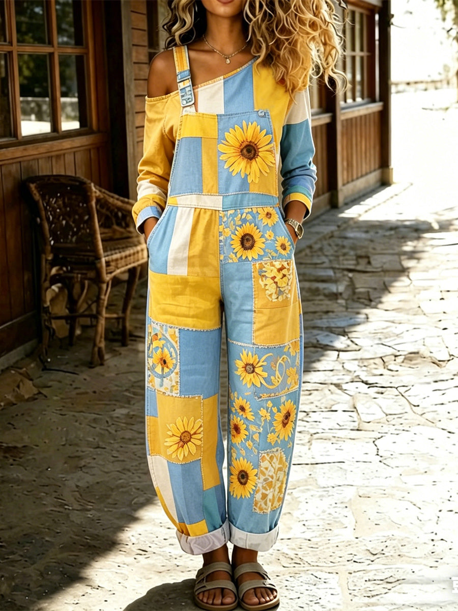 Women's Retro Style Floral Art Print Washed Cotton Denim Patchwork Jumpsuit