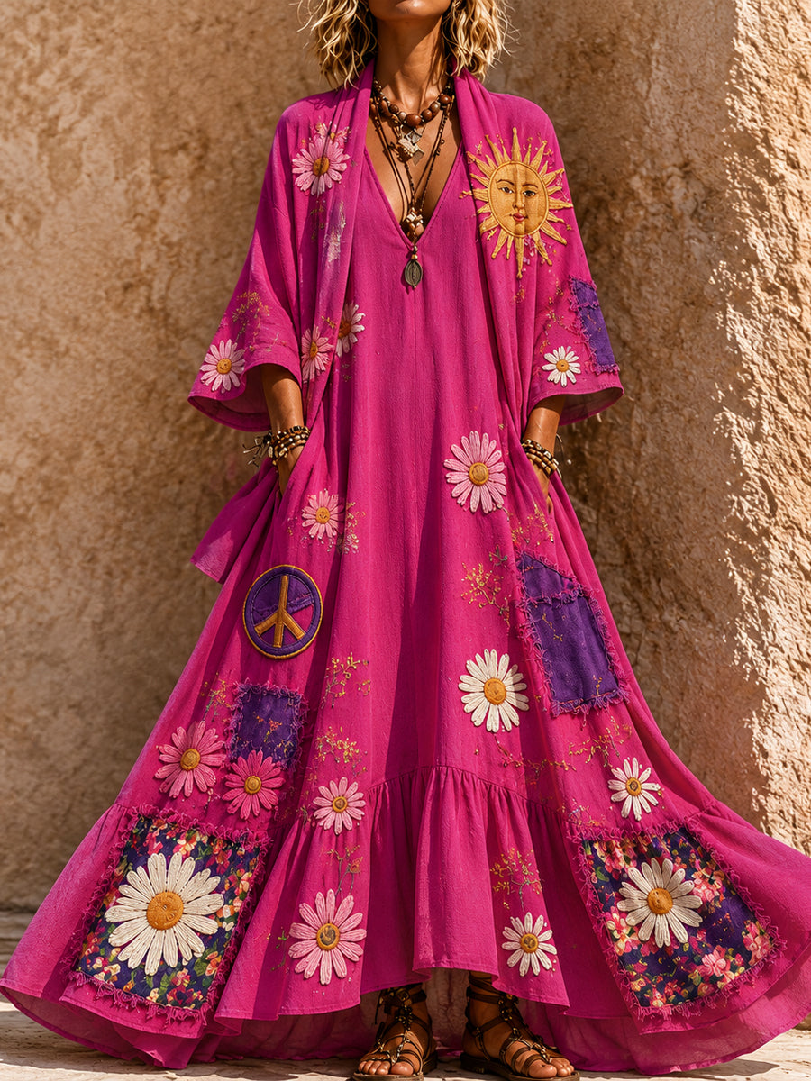Retro Style Art Printed Vintage Camisole Dress Long Sleeve Two-Piece Maxi Dress