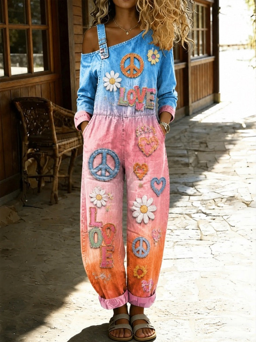 Women's Retro Style Floral Art Print Washed Cotton Denim Patchwork Jumpsuit
