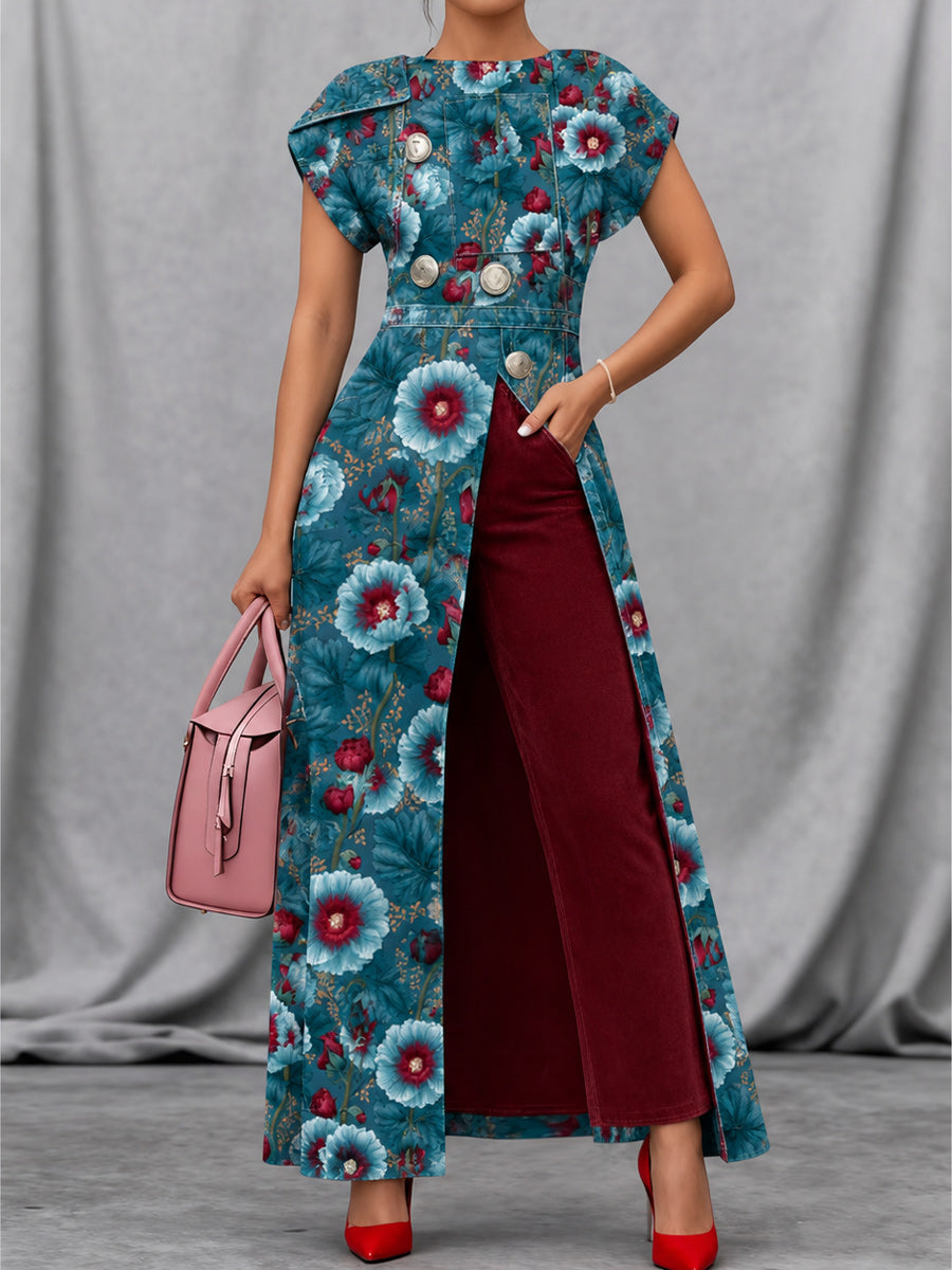 Retro Style Art Print Vintage Long Split Shirts Dress Skinny Pants Two-Piece Set