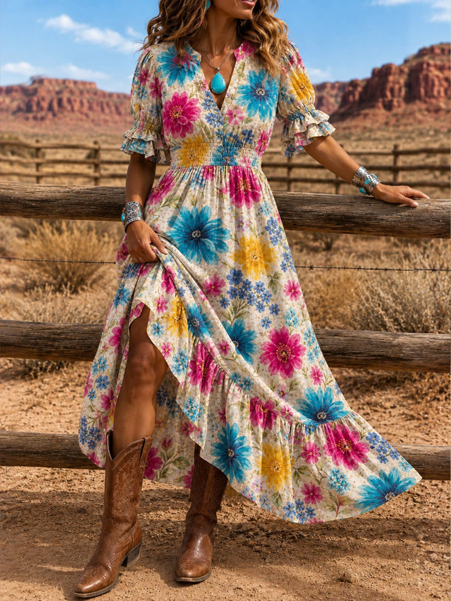 Women's Retro Art Print Washed Cotton Layered Patchwork Midi Dress