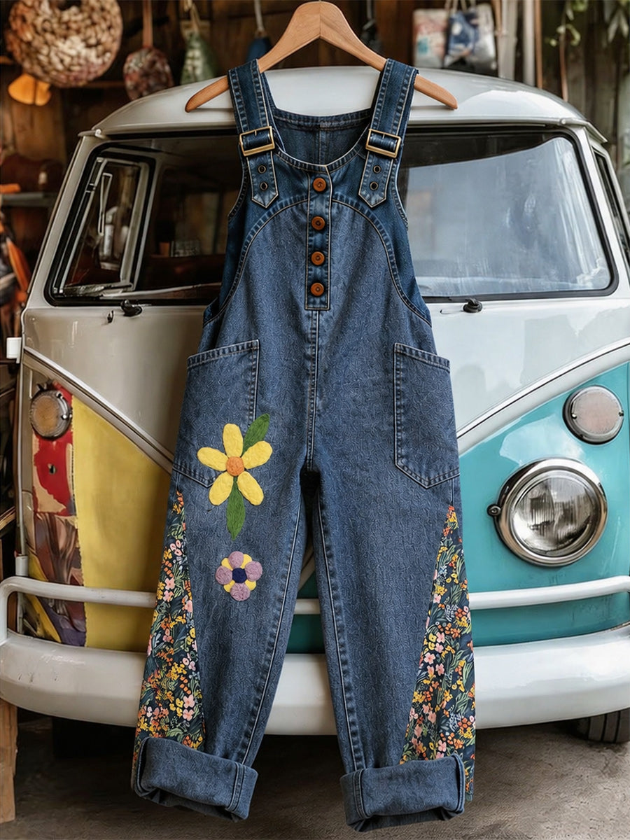 Women's Retro Style Art Print Washed Cotton Denim Patchwork Jumpsuit