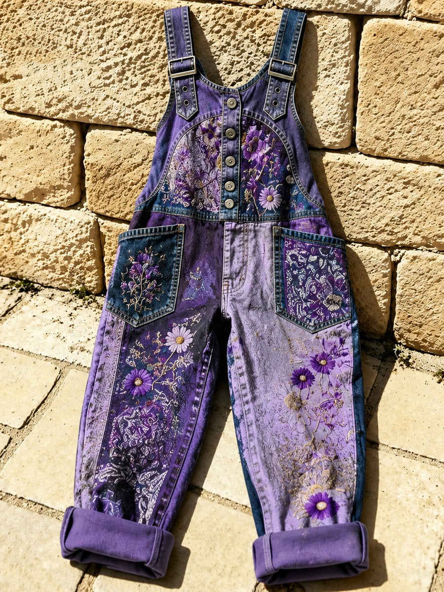 Women's Retro Style Print Washed Cotton Denim Patchwork Jumpsuit