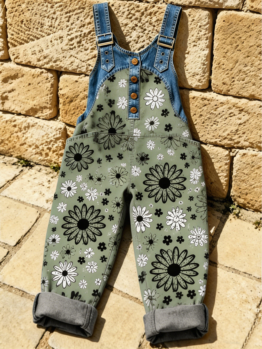 Women's Retro Style Art Print Washed Cotton Denim Patchwork Jumpsuit