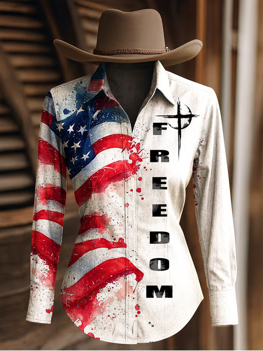 Women's Retro Freedom American Flag Print Long Sleeves Shirt