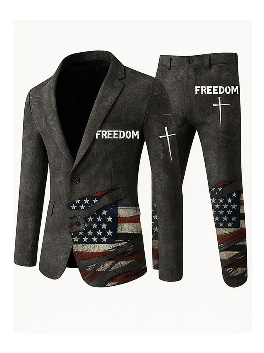 Men's Freedom American Flag Print Casual Jacket Trousers Two-Piece Suits