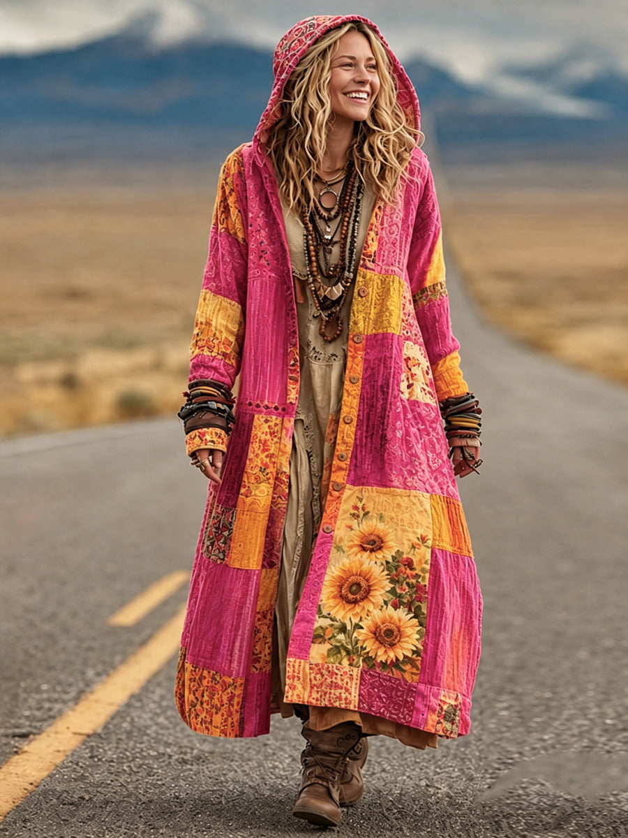 Retro Bohemian Style Art Printed Cotton Buttoned Hooded Casual Loose Long-Sleeved Shirt