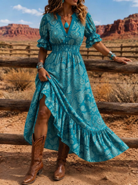 Women's Western Boho Floral Paisley Printed Dress