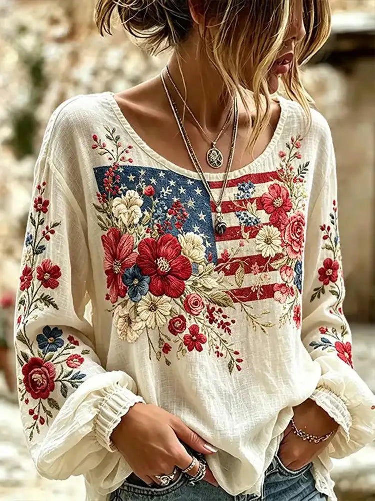 Women's Independence Day Floral Print Lace Blouse