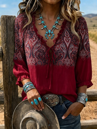 Women's Boho Paisley Ombre Lace Up 3/4 Puff Sleeve Western Blouse