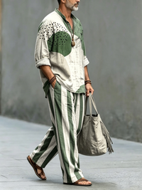Men's Green Geometric Leaves Art Print Cotton Shirt Set