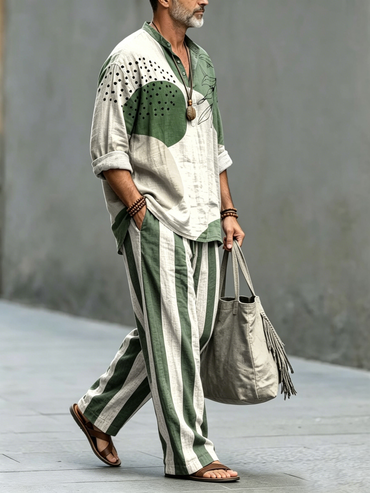 Men's Green Geometric Leaves Art Print Cotton Shirt Set
