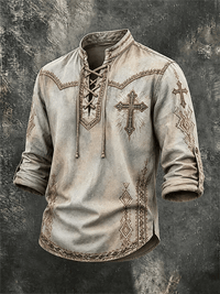 Men's Western Cross Ethnic Pattern Lace Up Vintage Long Sleeve Shirt