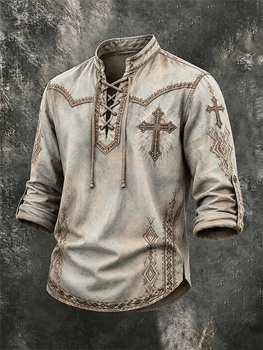 Men's Western Cross Ethnic Pattern Lace Up Vintage Long Sleeve Shirt