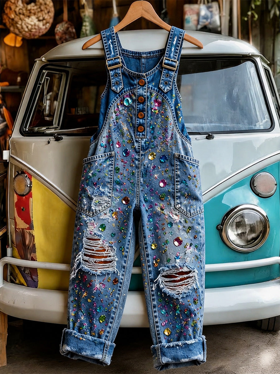 Women's Retro Style Art Print Washed Cotton Denim Patchwork Jumpsuit