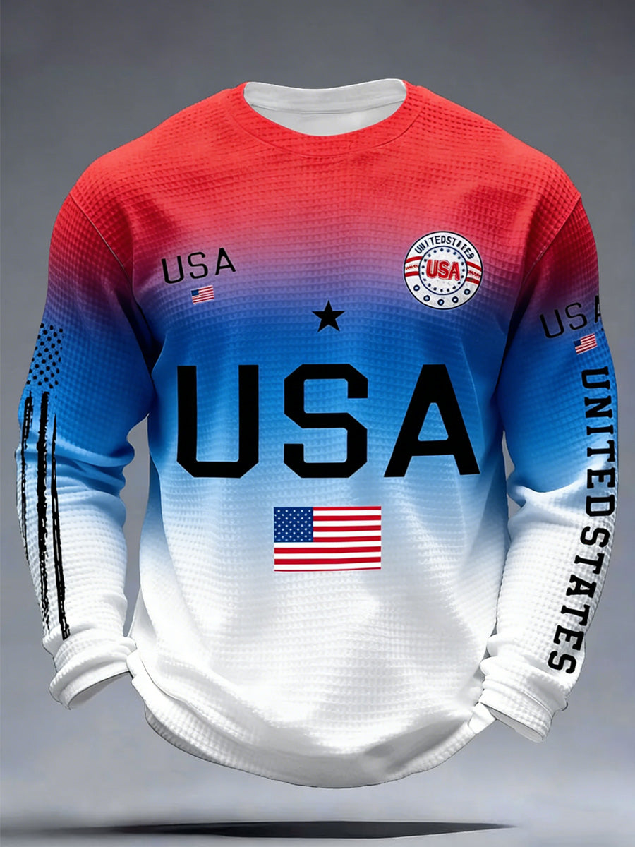 USA Flag Art Print Round-Neck Waffle Texture Long Sleeve Sweatshirt