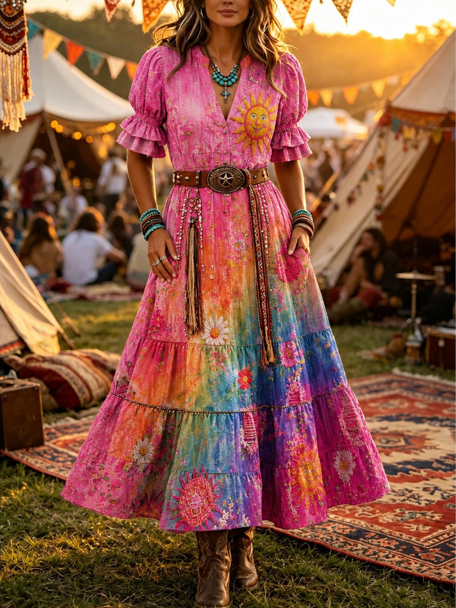 Women's Retro Art Print Washed Cotton Lace Patchwork Midi Dress