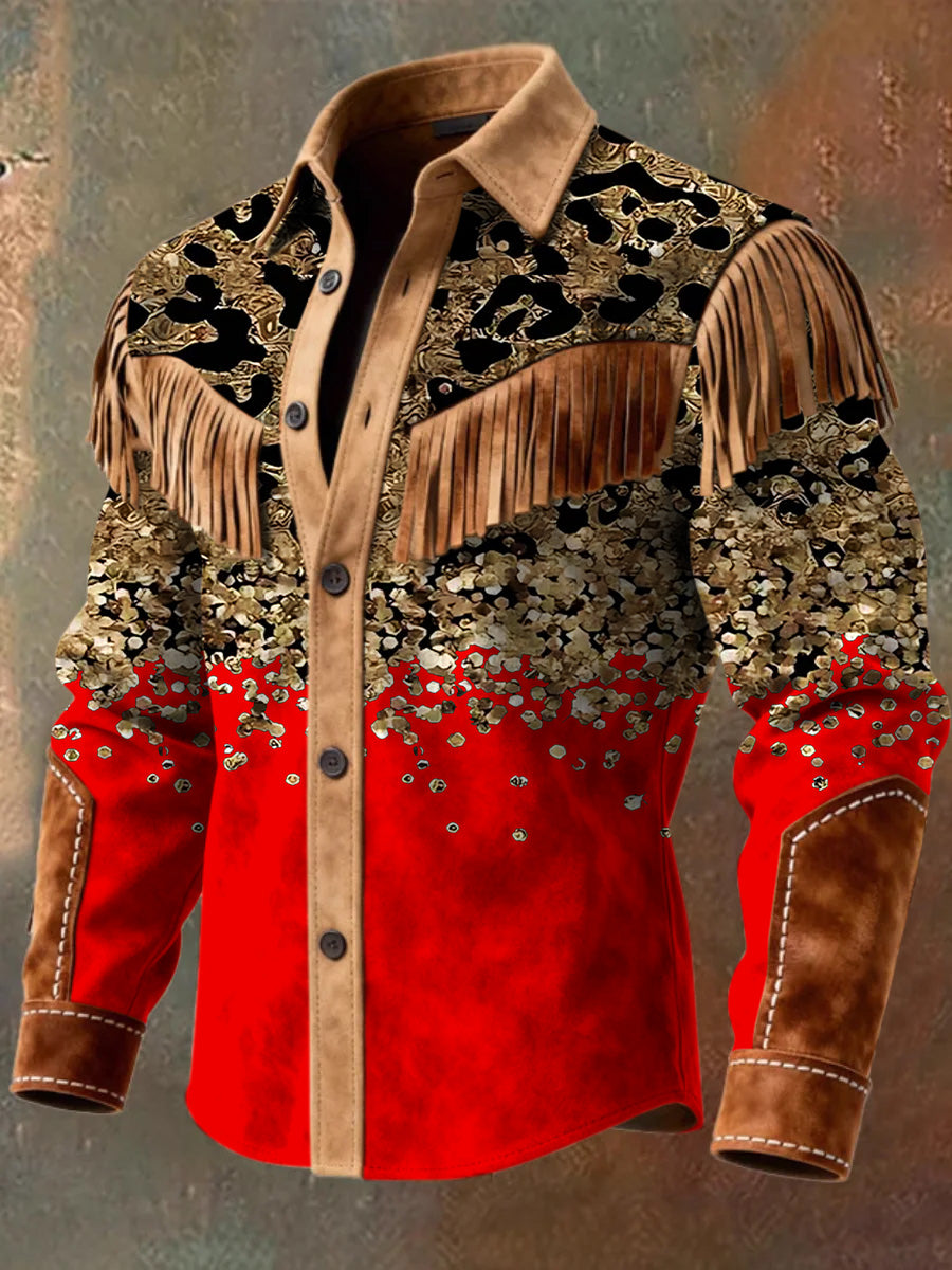 Men's Retro Western Style Art Print Vintage Tassel Casual Long Sleeve Shirt
