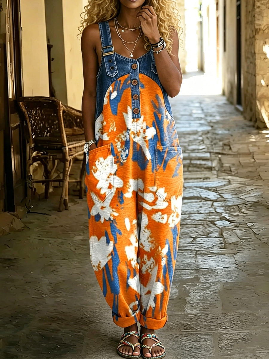 Women's Retro Style Print Washed Cotton Denim Patchwork Jumpsuit