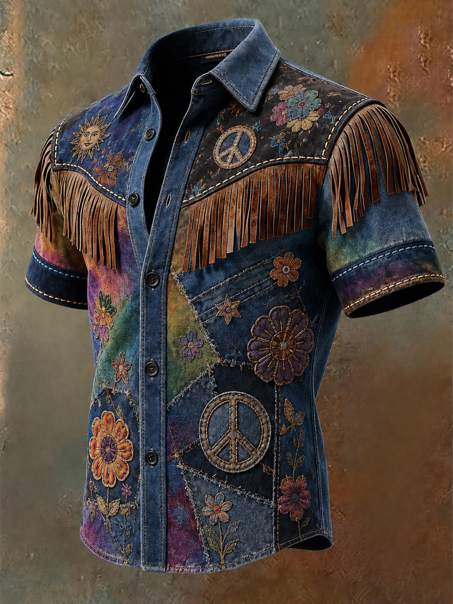 Men's Retro Art Printed Vintage Tassel Casual Short Sleeves Shirt