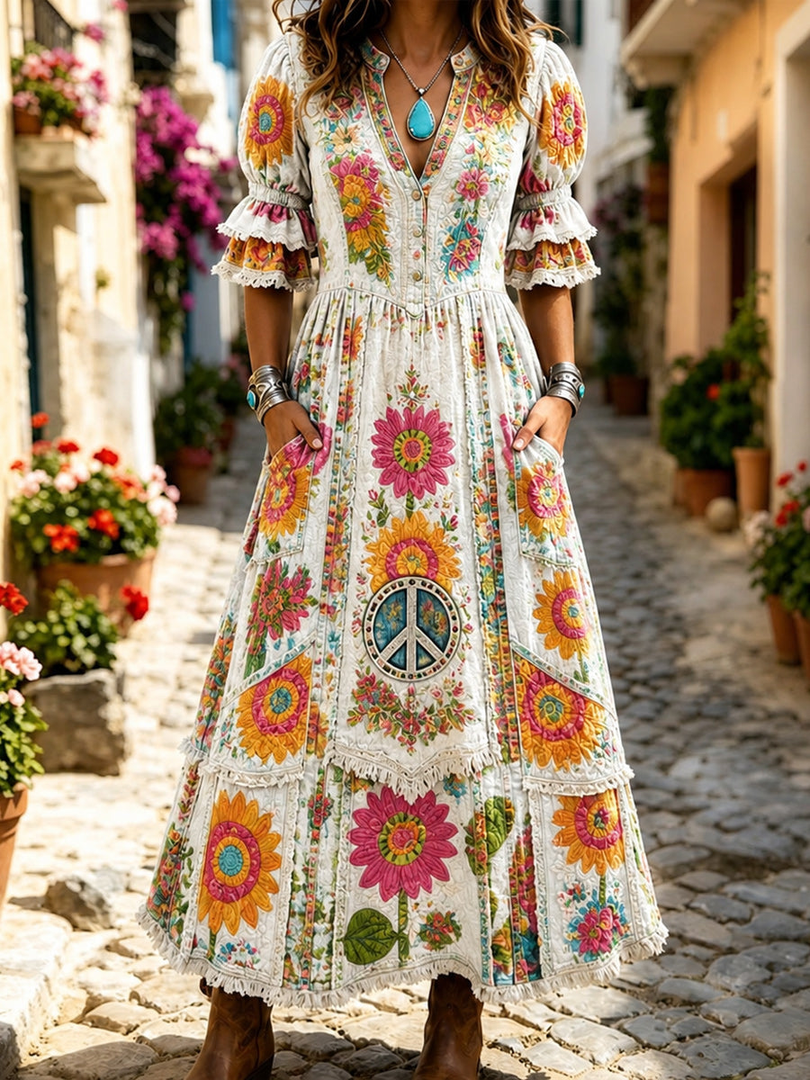 Women's Retro Art Print Washed Cotton Lace Patchwork Midi Dress