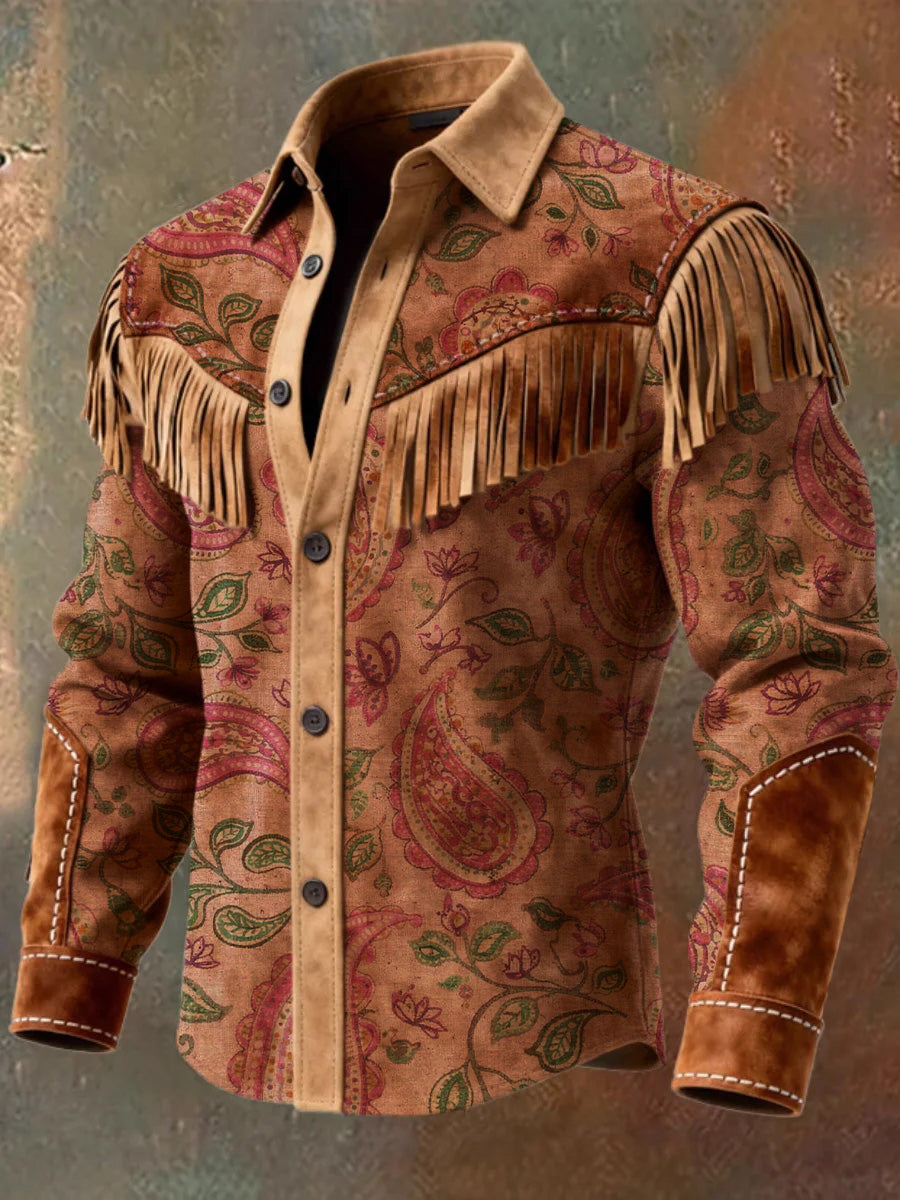 Men's Retro Western Style Art Print Vintage Tassel Casual Long Sleeve Shirt