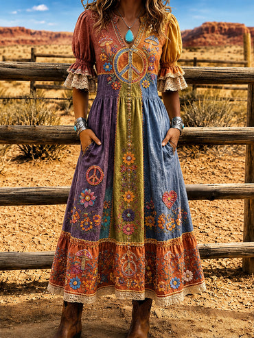 Women's Retro Art Print Washed Cotton Lace Patchwork Midi Dress