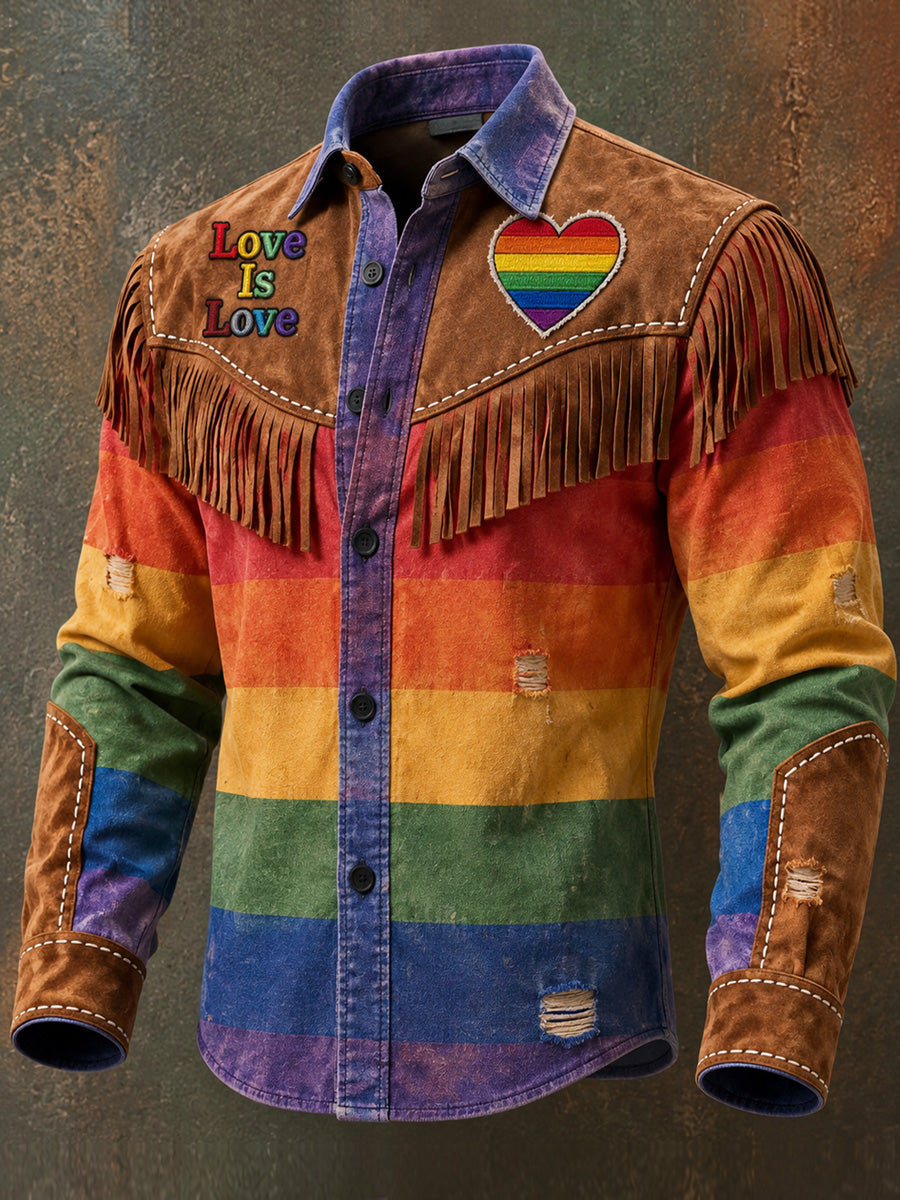 Men's Retro Pride Month Rainbow Art Print Western Vintage Tassel Casual Long Sleeve Shirt