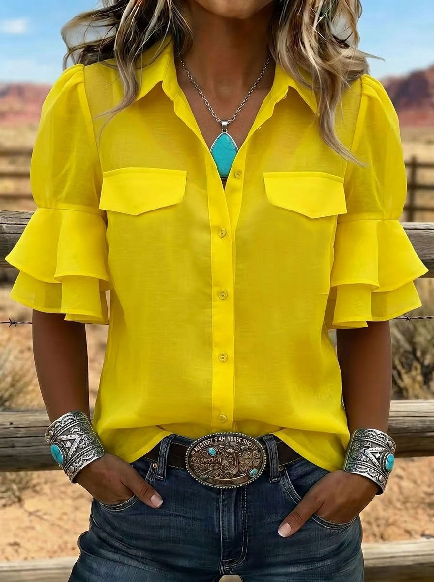Women's Retro Lapel Puff Sleeve Ruffle Casual Shirt