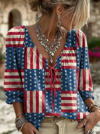 Women's Retro Flag Plaid Art Print Casual Long-sleeve V-neck Ruffled Cotton Shirt