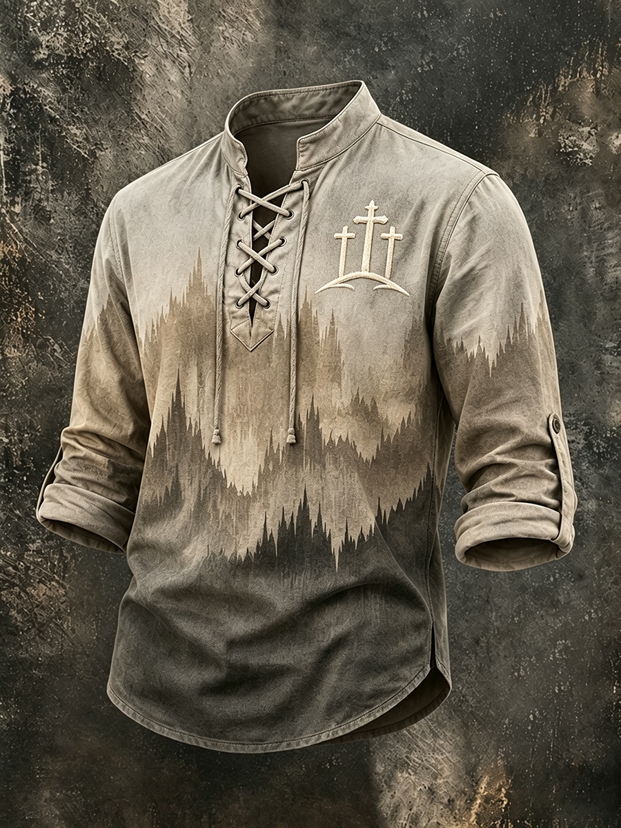 Men's Three Cross Mountain Forest Gradient Lace Up Western Shirt