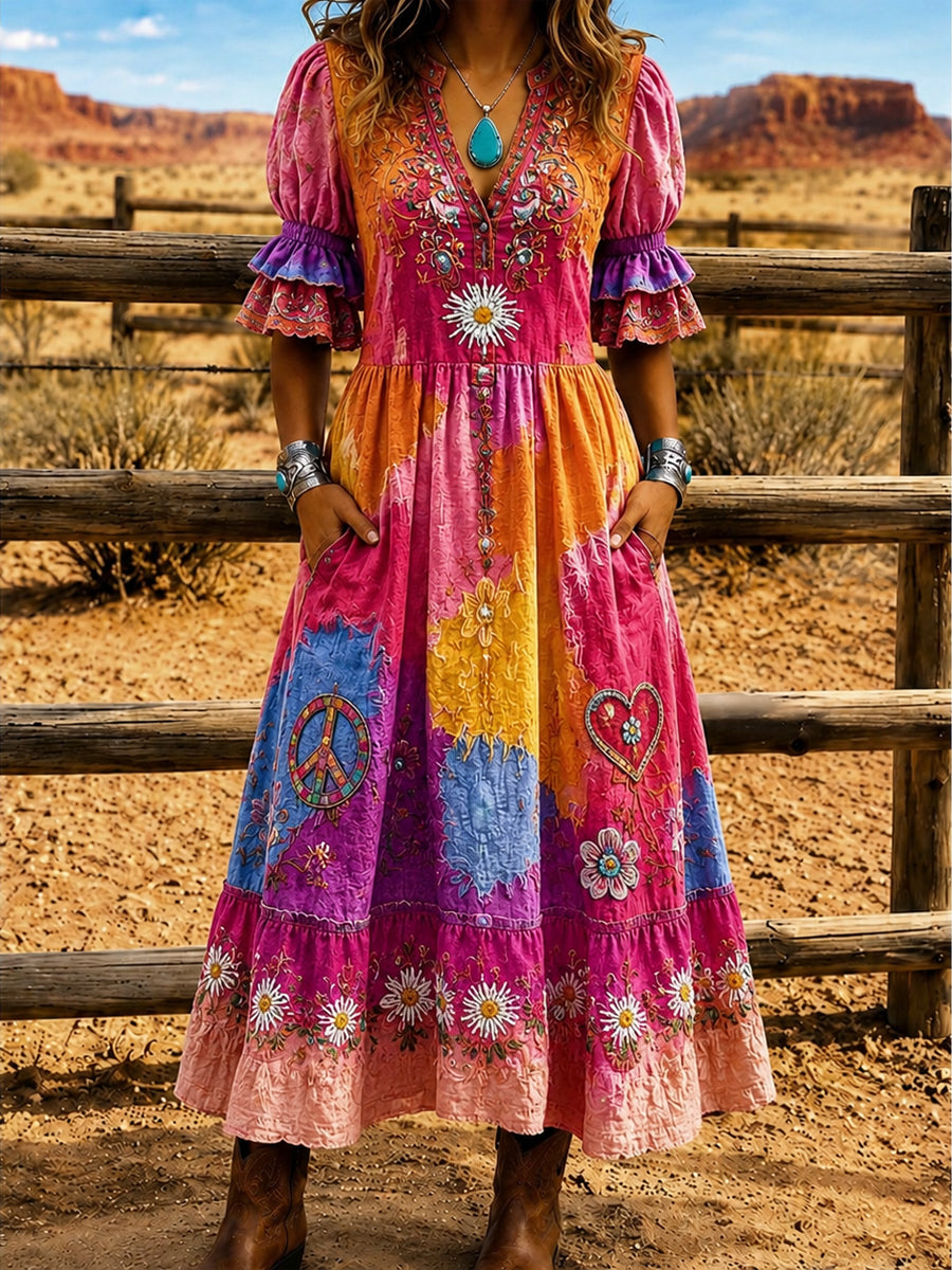 Women's Retro Art Print Washed Cotton Lace Patchwork Midi Dress