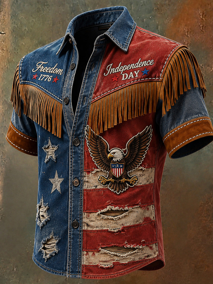 Men's Retro Western Printed Vintage Tassel Casual Short Sleeves Shirt
