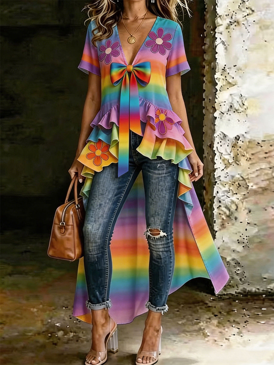 Retro Style Art Printed V-Neck Vintage Casual Irregular Short-Sleeved Top