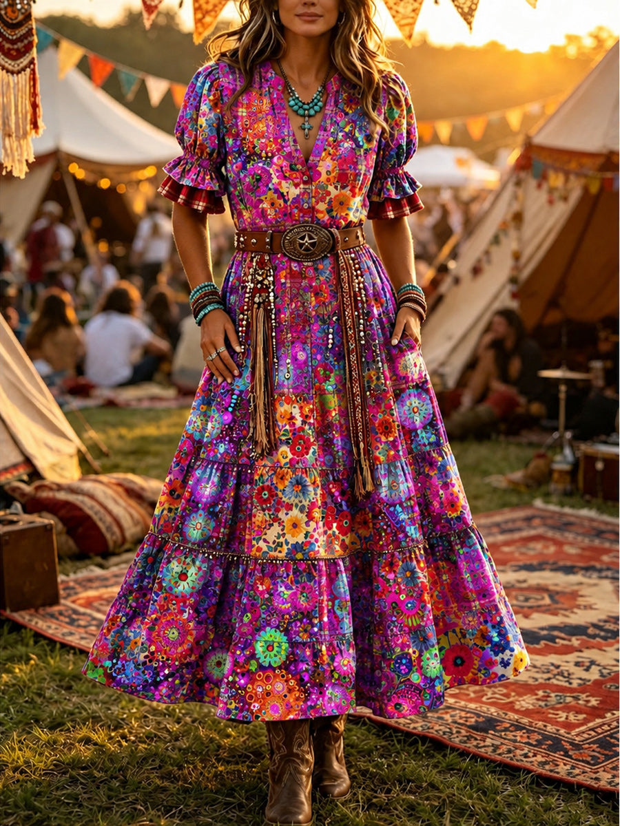 Women's Retro Art Print Washed Cotton Lace Patchwork Midi Dress