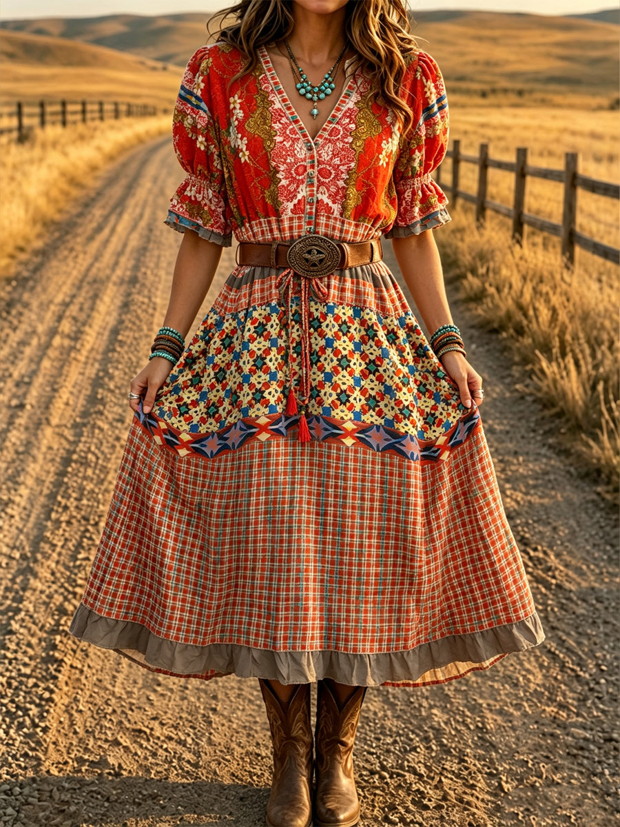 Women's Retro Art Print Washed Cotton Lace Patchwork Midi Dress