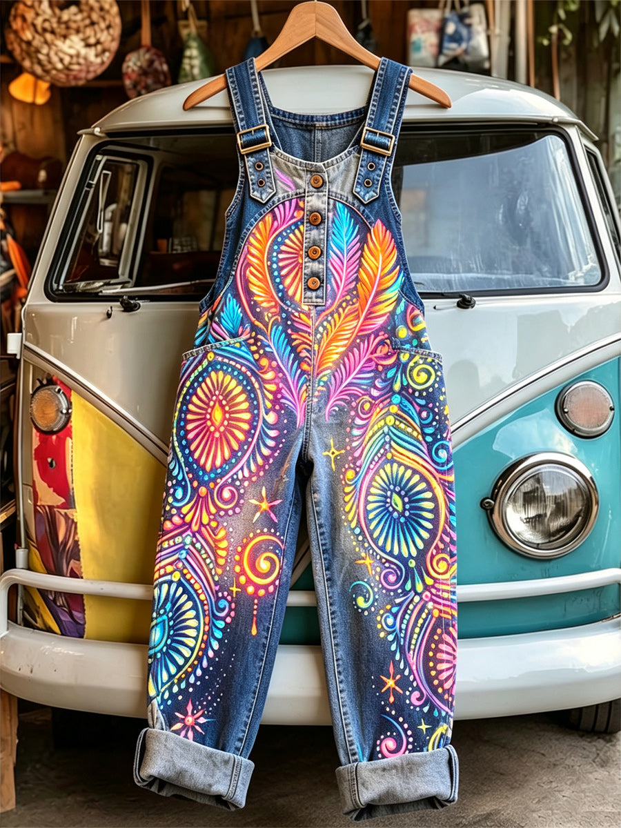 Women's Retro Style Art Print Washed Cotton Denim Patchwork Jumpsuit