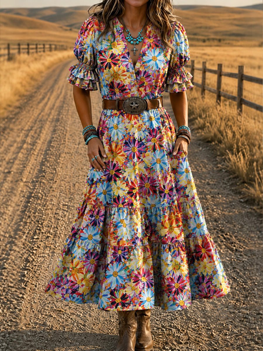 Women's Retro Art Print Washed Cotton Layered Patchwork Midi Dress