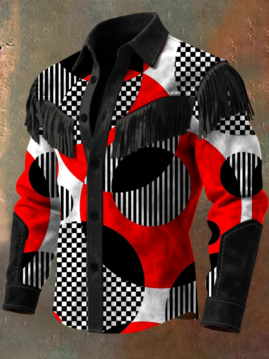 Men's Retro Western Style Art Print Vintage Tassel Casual Long Sleeve Shirt