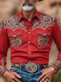 Men's Western Paisley Embroidered Red Long Sleeve Shirt
