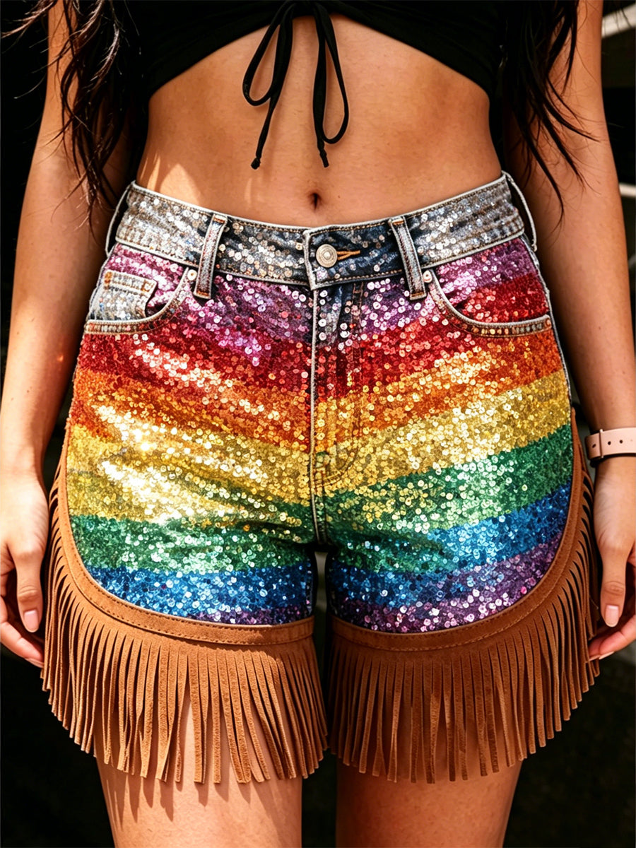 Women's Retro Floral Art Print Casual Leather Fringe Patchwork Pocket Shorts