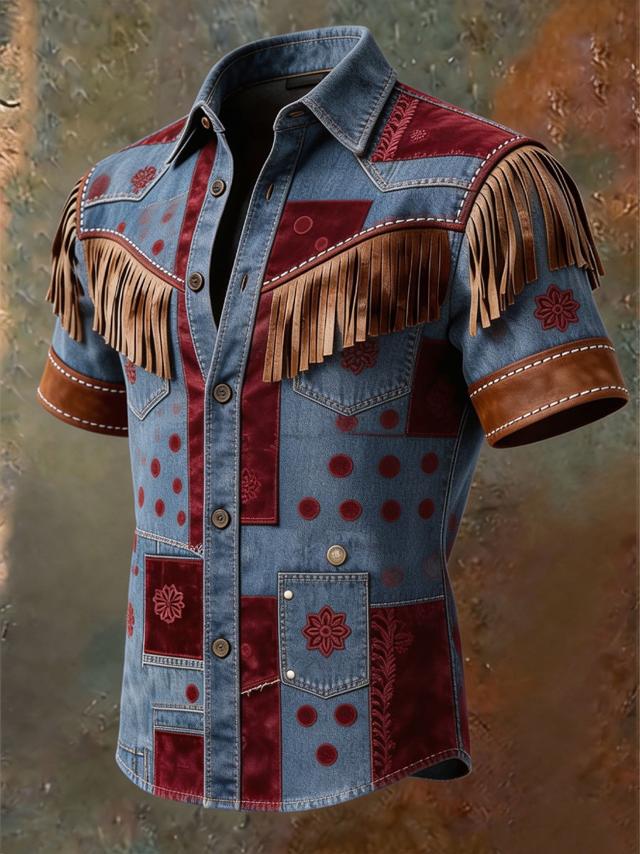 Men's Retro Art Printed Vintage Tassel Casual Short Sleeves Shirt