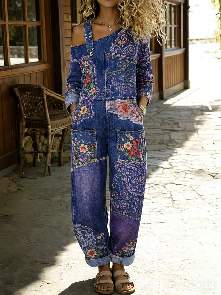 Women's Retro Floral Color-Blocked Art Print Washed Cotton Denim Patchwork Jumpsuit