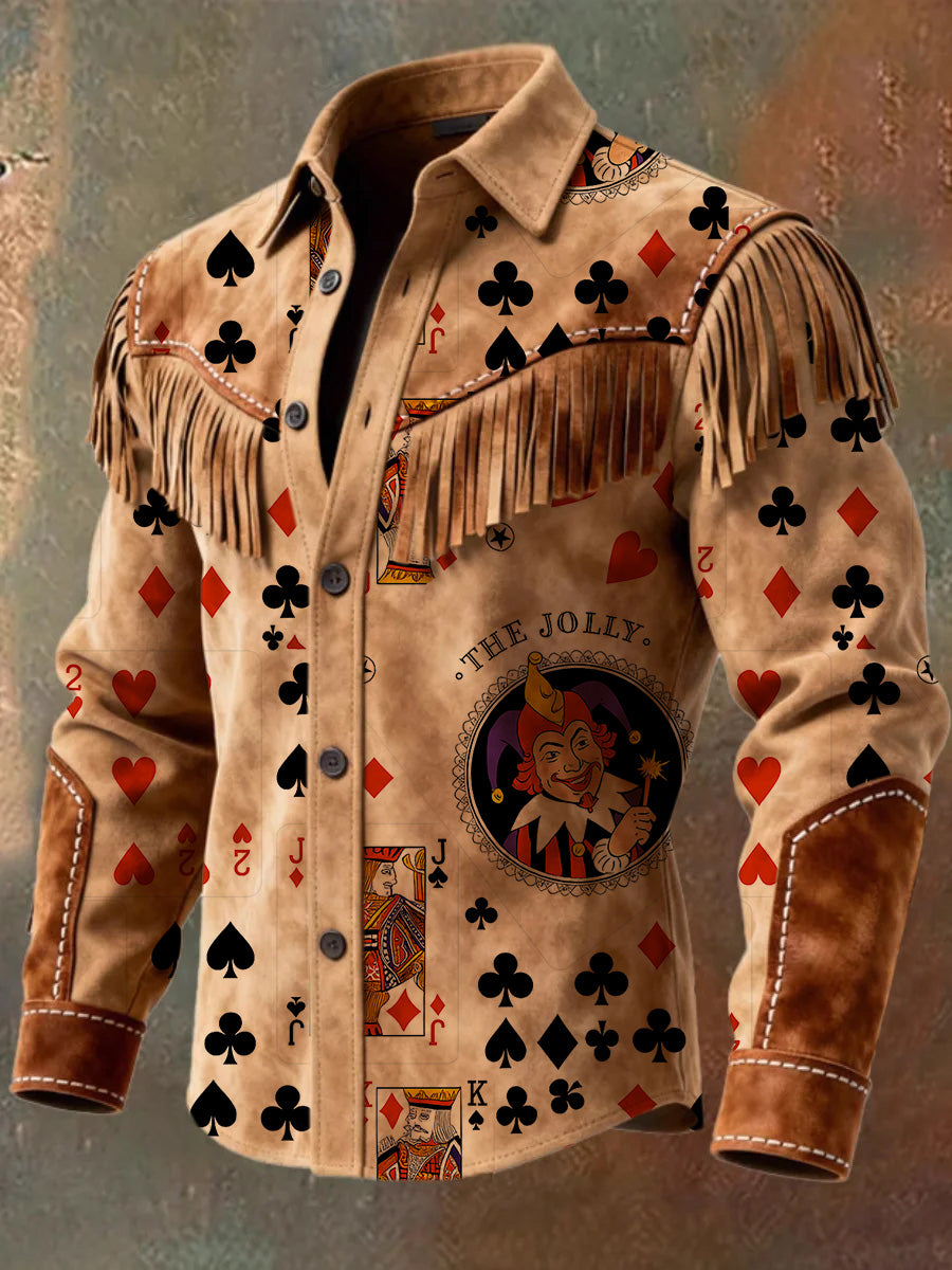 Men's Retro Western Style Art Print Vintage Tassel Casual Long Sleeve Shirt