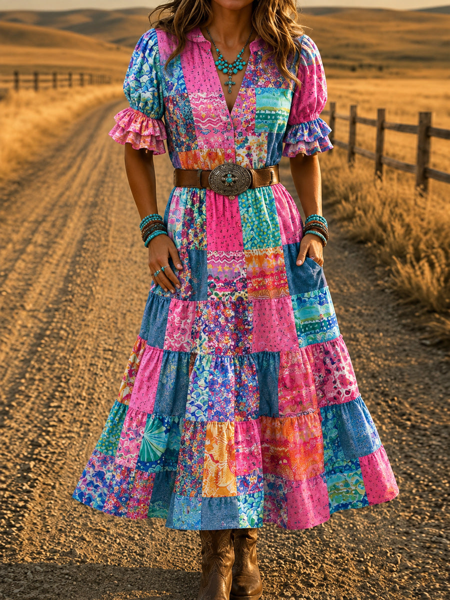 Women's Retro Art Print Washed Cotton Layered Patchwork Midi Dress