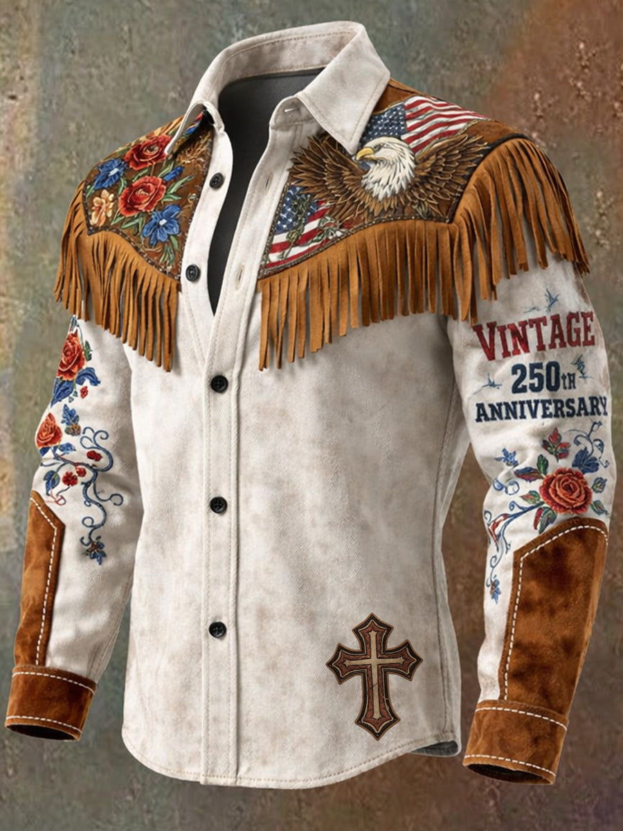 Men's Retro Western Style Art Print Vintage Tassel Casual Long Sleeve Shirt