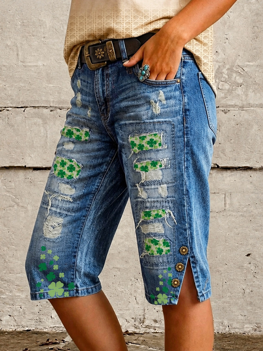 Retro Style Floral Art Print Vintage Casual Denim Shorts
