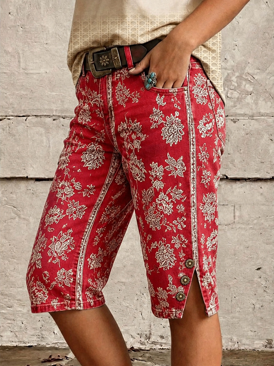 Retro Style Floral Art Print Vintage Casual Denim Shorts