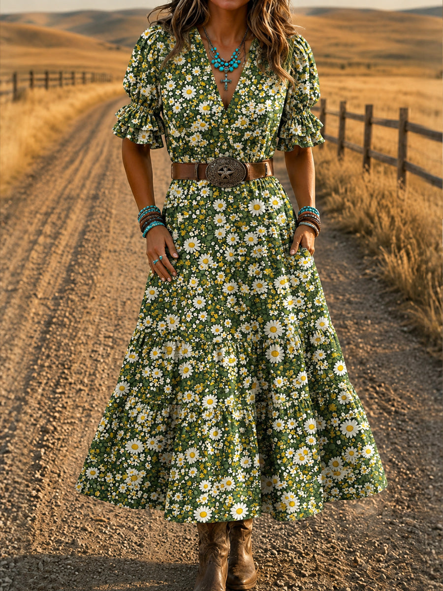 Women's Retro Art Print Washed Cotton Layered Patchwork Midi Dress