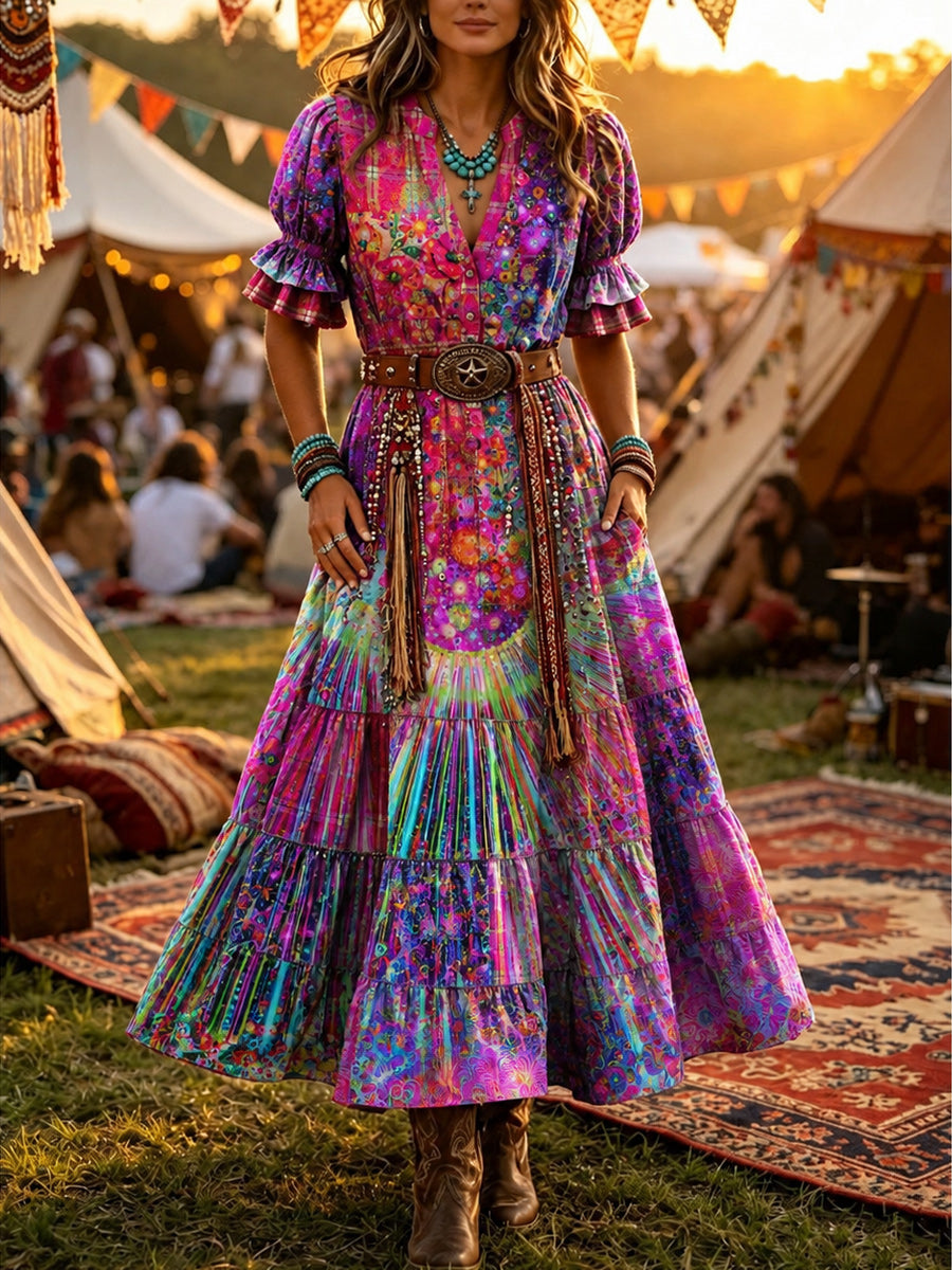 Women's Retro Art Print Washed Cotton Lace Patchwork Midi Dress